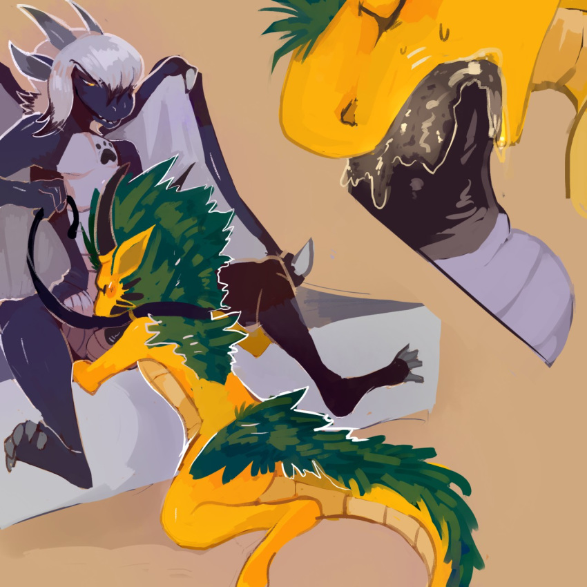 2018 amber_eyes anthro anthro_on_anthro balls bed black_highlights black_markings black_penis black_scales blush chest_markings claws collar dragon drooling duo erection eyes_closed fellatio fiddlecase fur galeron green_fur grey_scales grey_wings hair half-closed_eyes hi_res highlights holding_leash holding_object horn inside kneeling leash male male/male markings membranous_wings nude oral oral_penetration penetration penis saliva scales scalie sex sitting smile spread_legs spreading teeth toha_a'nassura white_hair white_scales wing_claws wings yellow_scales