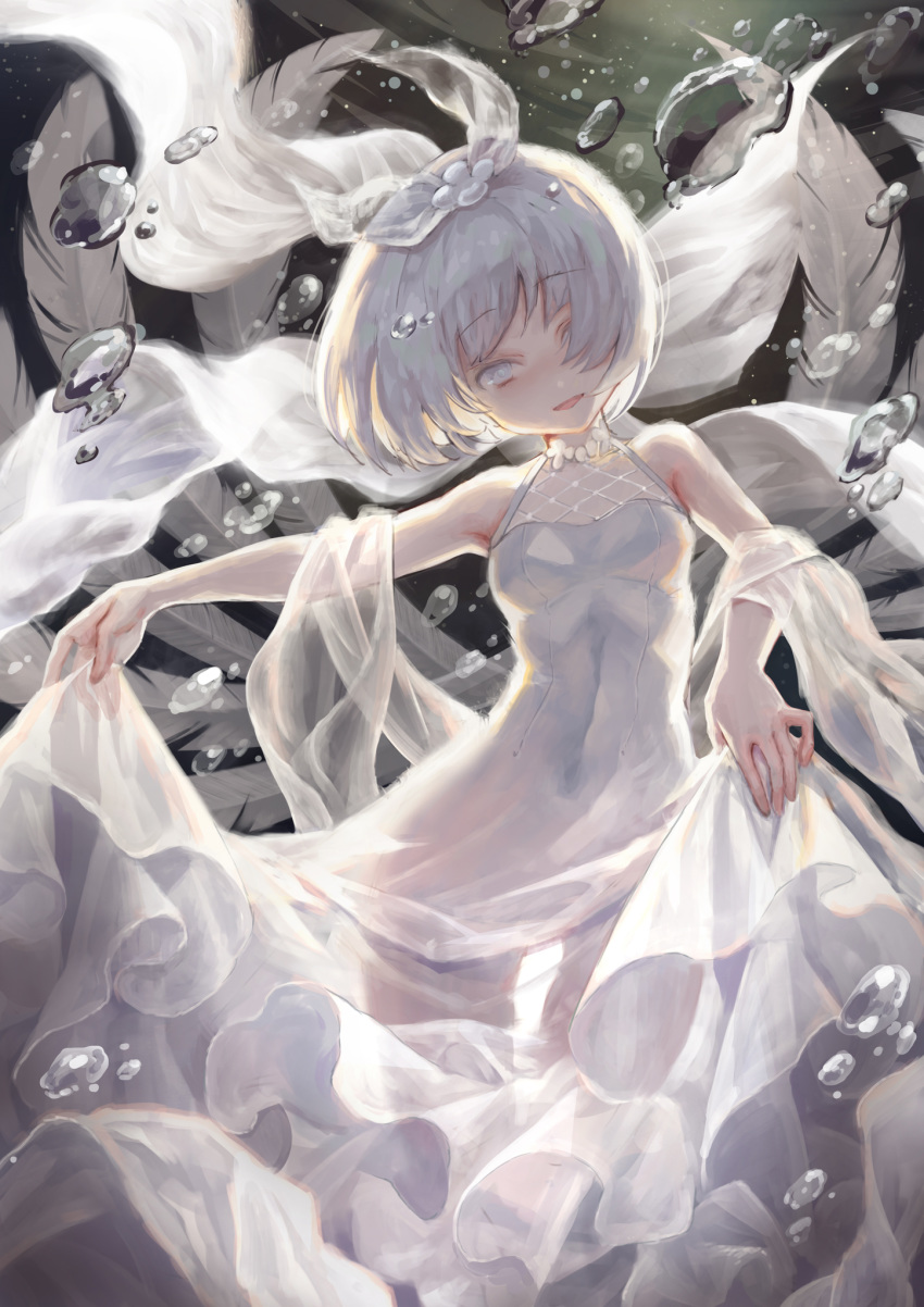 :d backlighting bangs bare_arms bare_shoulders breasts bubble commentary_request dress eyebrows_visible_through_hair hair_ornament hair_over_one_eye head_tilt highres looking_at_viewer open_mouth original see-through see-through_silhouette silver_hair skirt_hold sleeveless sleeveless_dress small_breasts smile solo tamarashi white_dress white_eyes white_feathers