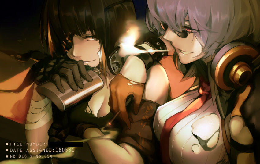 armband bandaged_arm bandages bangs black_hair blonde_hair braid breasts brown_eyes cigarette cleavage commentary drinking elbow_rest eyepatch girls_frontline glasses gloves headphones hip_flask holding holding_cigarette holding_flask large_breasts long_hair looking_at_another m16a1_(girls_frontline) mole mole_under_eye multicolored_hair multiple_girls necktie parted_lips red_eyes reroi revision scar shirt short_hair silver_hair smile smoking streaked_hair sunglasses thompson_submachine_gun_(girls_frontline) torn_clothes