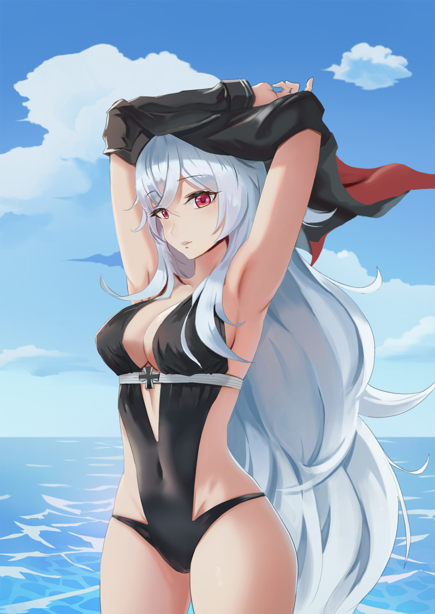 armpits arms_up azur_lane bangs beach black_swimsuit blue_sky breasts bubble cleavage cloud covered_navel day eyebrows_visible_through_hair gan-viking graf_zeppelin_(azur_lane) groin hair_between_eyes highres iron_cross jacket jacket_on_shoulders large_breasts leg_up long_hair looking_at_viewer md5_mismatch messy_hair navel navel_cutout ocean off_shoulder one-piece_swimsuit outdoors outstretched_arm parted_lips red_eyes sideboob sidelocks silver_hair sky solo swimming swimsuit taut_clothes taut_swimsuit thighs undressing very_long_hair