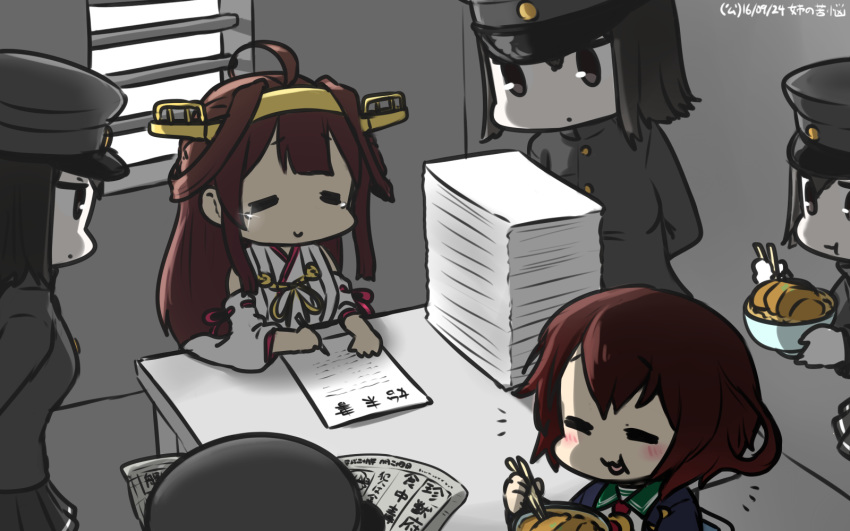 ahoge akitsu_maru_(kantai_collection) black_eyes black_hair black_hat black_skirt blush clone commentary_request dated eating hairband hamu_koutarou hat headgear highres kantai_collection katsudon_(food) kongou_(kantai_collection) military military_uniform multiple_girls multiple_persona mutsuki_(kantai_collection) neckerchief pale_skin paper_stack peaked_cap pen pleated_skirt remodel_(kantai_collection) school_uniform serafuku short_hair skirt tears uniform