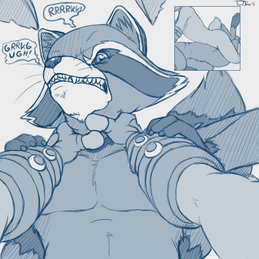 2016 anthro armor asphyxiation blackjack_o'hare chest_tuft choking clothing convenient_censorship dialogue domination duo finger_claws first_person_view frottage gloves guardians_of_the_galaxy looking_at_viewer male male/male marvel neck_grab nude pecs ringtail rocket_raccoon sex snarling strangling teaselbone teeth text tuft vambraces