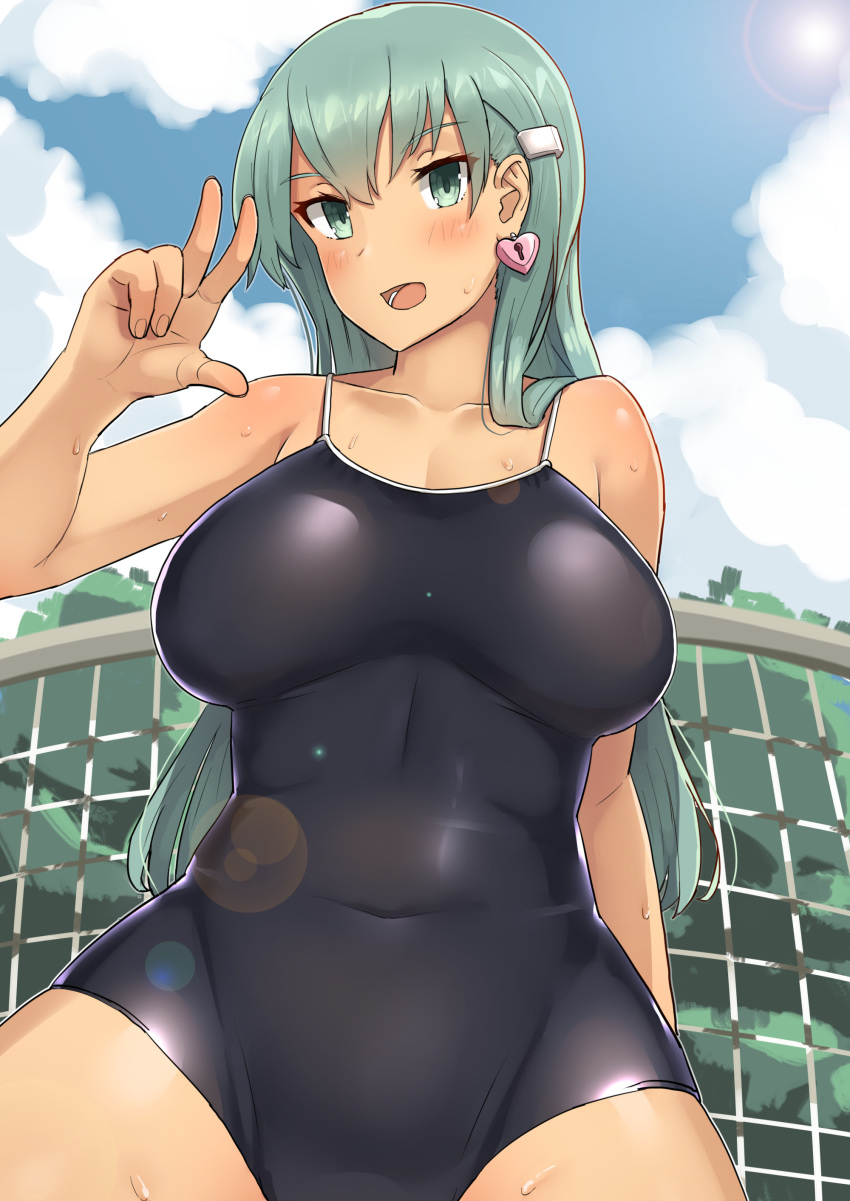 absurdres aqua_eyes aqua_hair blue_swimsuit blush breasts cleavage cloud collarbone competition_school_swimsuit covered_navel day earrings hair_ornament hairclip heart_lock_(kantai_collection) highres jewelry kantai_collection large_breasts leaning_back lens_flare long_hair looking_at_viewer lying one-piece_swimsuit open_mouth outdoors revision sky solo soushou_nin suzuya_(kantai_collection) swimsuit thighs tree underboob v wet