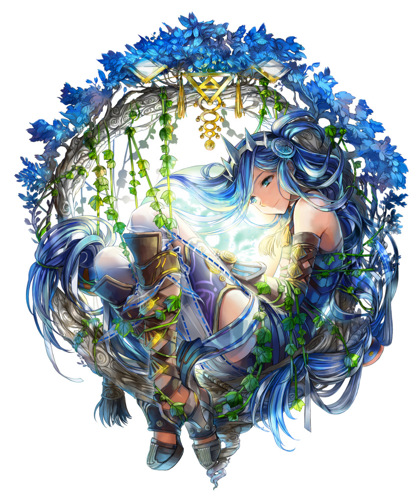 bangs blue_eyes blue_flower blue_hair dana_(ys) detached_sleeves floating_hair flower full_body grey_ribbon hair_ribbon highres long_hair non-web_source official_art parted_bangs ribbon simple_background smile solo very_long_hair white_background ys ys_viii_lacrimosa_of_dana