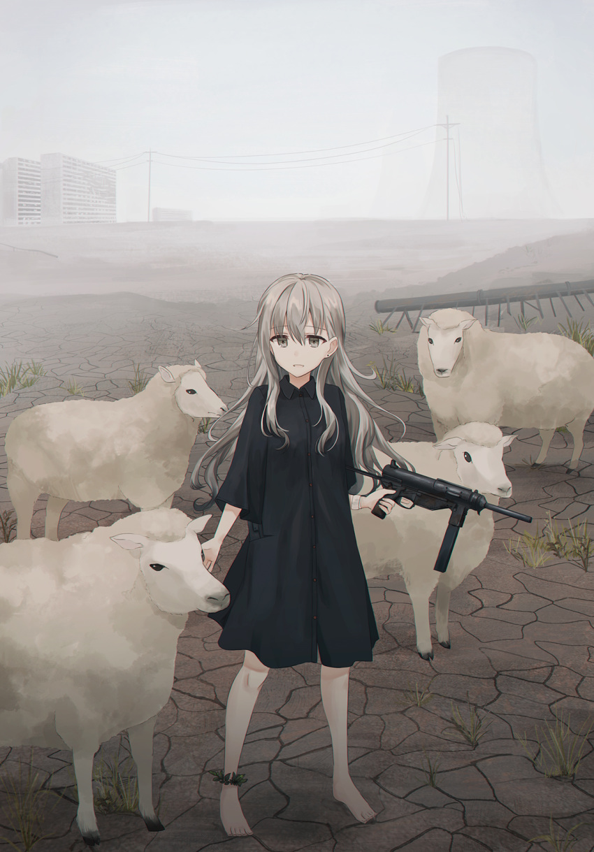 :d animal anklet bangs barefoot black_dress brown_eyes brown_hair building chihuri cloud cloudy_sky collared_dress commentary cooling_tower dress dry_earth earrings eyebrows_visible_through_hair fog gun hair_between_eyes highres holding holding_gun holding_weapon jewelry long_hair m3_greasegun muted_color nuclear_powerplant open_mouth original outdoors overcast power_lines scenery sheep sky smile solo standing submachine_gun telephone_pole toenails weapon