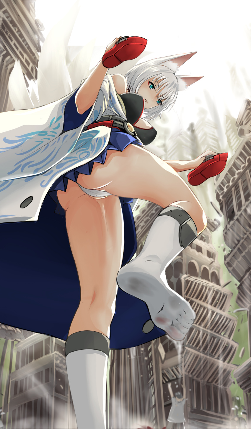 animal_ear_fluff animal_ears ass azur_lane bare_shoulders blood blood_stain blue_eyes blue_kimono breasts city closed_mouth commentary_request commission crushing destruction dirty_feet feet fox_ears fox_tail from_below giantess highres holding_footwear japanese_clothes kaga_(azur_lane) kimono large_breasts lips looking_at_another looking_down multiple_tails no_shoes nonoririn off_shoulder panties pantyshot pantyshot_(standing) pov_feet sandals sarashi shoe_soles short_hair silver_hair size_difference socks soles solo_focus standing stomping tail toes underwear violence white_legwear white_panties