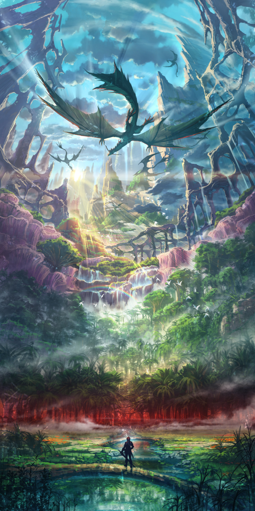 absurdres adol_christin blue_sky cloud day dragon forest from_behind highres nature non-web_source official_art outdoors rainbow scenery sky solo standing sunlight water waterfall ys ys_viii_lacrimosa_of_dana