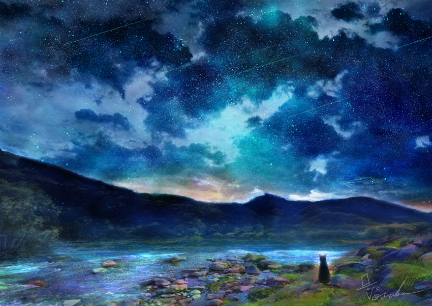 animal black_cat cat cloud cloudy_sky commentary_request grass hill landscape meteor_shower nature night night_sky no_humans original outdoors pond scenery signature sky star_(sky) starry_sky tosaka_rere tree water