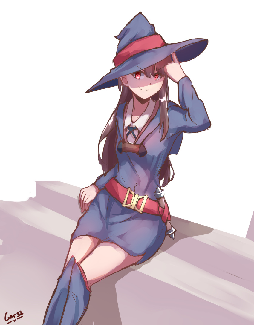 &gt;:) 1girl absurdres adjusting_clothes adjusting_hat artist_name boots brown_hair hair_between_eyes hat highres kagari_atsuko knee_boots little_witch_academia long_hair luna_nova_school_uniform red_eyes school_uniform short_hair sketch smile solo tegar32 thighs wand white_background witch_hat