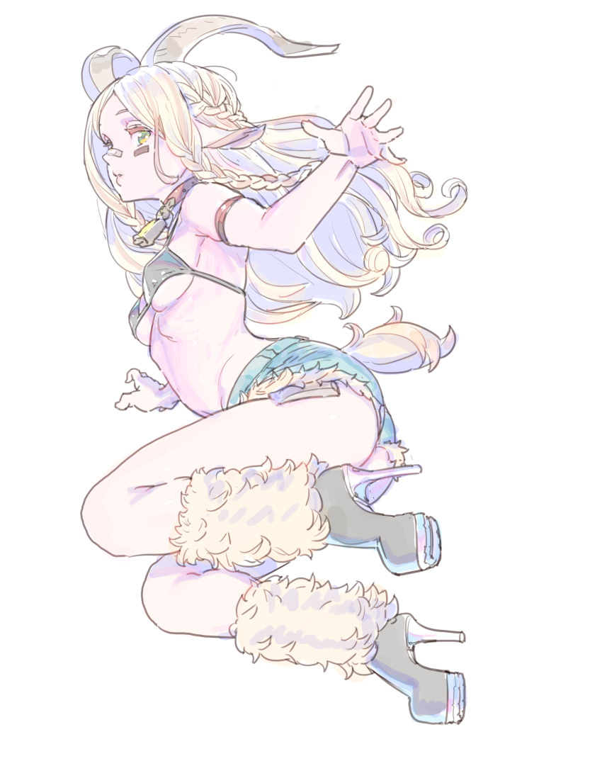 ass bandaid bandaid_on_nose bare_shoulders bell bell_collar black_bikini_top blonde_hair boots braid collar denim denim_shorts exposed_pocket fur_trim goat_horns goat_tail green_eyes high_heels highres horns long_hair looking_at_viewer nagisa_kurousagi navel original shorts simple_background solo tail white_background