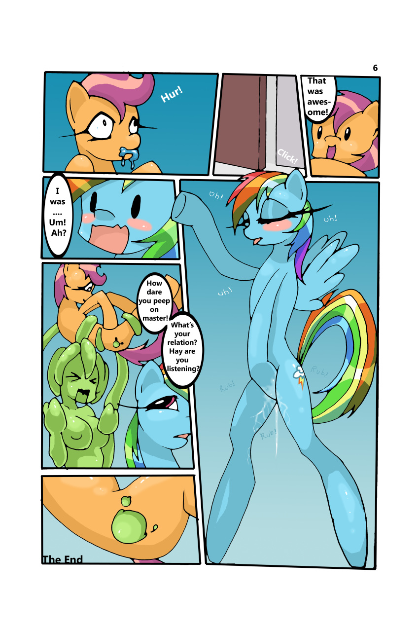 2015 blue_feathers blue_fur butt comic duo equine eyelashes feathered_wings feathers female feral friendship_is_magic fur goo_creature hair hi_res mammal multicolored_hair multicolored_tail my_little_pony nana_gel open_mouth oral pegasus penetration pussy rainbow_dash_(mlp) rainbow_hair rainbow_tail scootaloo_(mlp) sex slime text tongue tongue_out vaginal vaginal_penetration wings