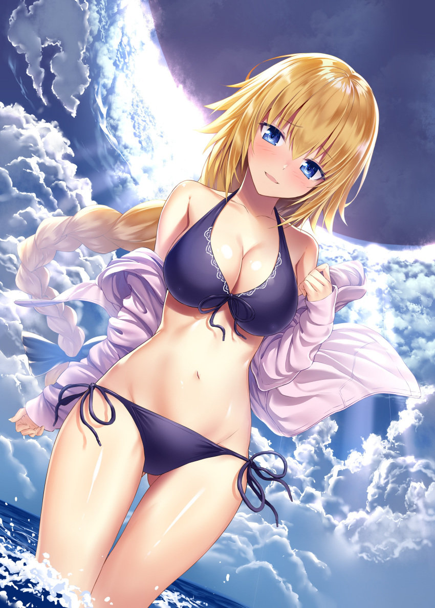 :d absurdres ass_visible_through_thighs bangs bare_shoulders bikini black_bikini blonde_hair blue_bow blue_eyes blue_sky blush bow breasts cleavage cloud cloudy cloudy_sky collarbone cowboy_shot eyebrows_visible_through_hair fate/apocrypha fate_(series) front-tie_top groin hair_between_eyes hair_bow heirou highres hood hood_down hoodie jeanne_d'arc_(fate) jeanne_d'arc_(fate)_(all) large_breasts legs_together long_hair long_sleeves looking_at_viewer navel off_shoulder open_clothes open_hoodie open_mouth shiny shiny_skin side-tie_bikini sky smile solo standing stomach swimsuit very_long_hair wading water