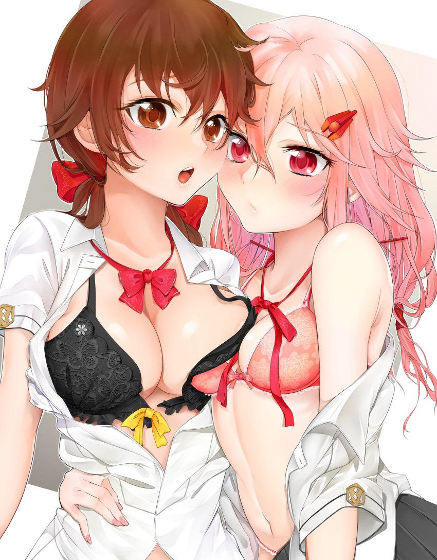 absurdres asymmetrical_docking bare_shoulders blush bow bra breast_press breasts brown_eyes brown_hair cleavage commentary_request guilty_crown hair_bow hair_ornament hairclip highres long_hair looking_at_viewer medium_breasts menjou_hare multiple_girls navel open_mouth pink_hair red_eyes ribbon sarina_(tosiyukiryousuke) school_uniform twintails underwear yuzuriha_inori