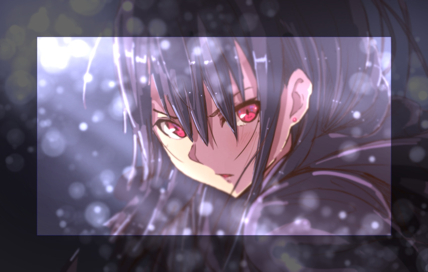 black_hair close-up earrings face highres jewelry kazeno long_hair looking_at_viewer open_mouth original red_eyes school_uniform solo stud_earrings