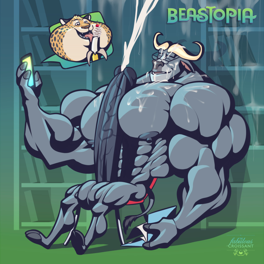 anthro benjamin_clawhauser big_penis bovine buffalo cape_buffalo chief_bogo disney erection hi_res horn huge_muscles huge_penis humanoid_penis hyper hyper_muscles male male/male mammal muscular muscular_male nipples penis pose simple_background the_fabulous_croissant zootopia