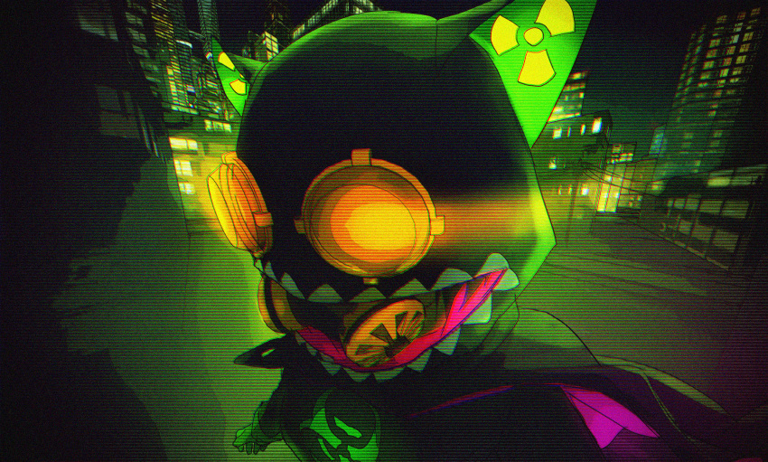 animal_hood black_hair city fisheye_placebo gas_mask gloves goggles goggles_on_head highres hood hoodie huge_filesize jen_(fisheye_placebo) motion_blur night scanlines scarf short_hair skateboard solo wenqing_yan