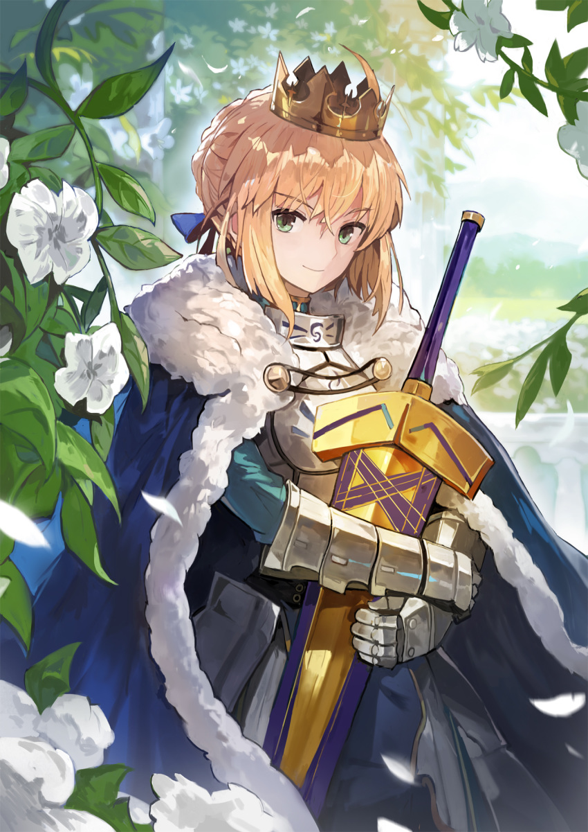 ahoge andrian_gilang armor artoria_pendragon_(all) avalon_(fate/stay_night) blonde_hair blue_cape breastplate cape closed_mouth commentary_request crown day excalibur eyebrows_visible_through_hair fate/grand_order fate_(series) flower fur-trimmed_cape fur_trim gauntlets green_eyes hair_bun hair_ribbon highres holding leaf looking_at_viewer outdoors petals ribbon saber scabbard sheath shiny shiny_hair short_hair smile solo