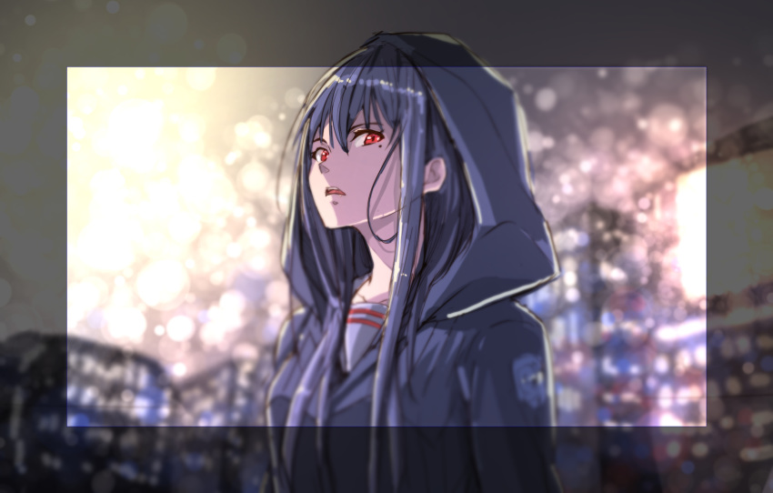 black_hair blurry blurry_background highres hood hood_up kazeno long_hair looking_at_viewer mole mole_under_eye open_mouth original red_eyes school_uniform solo upper_body