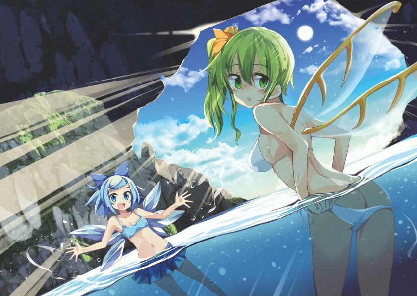 alternate_hairstyle ass bangs bare_shoulders bikini bikini_day bikini_skirt blue_bikini blue_bow blue_eyes blue_hair blush bow breasts cirno cloud collarbone commentary_request daiyousei day dutch_angle fairy_wings green_eyes green_hair hair_between_eyes hair_bow hair_ornament hairclip ice ice_wings looking_at_viewer looking_back maturiuta_sorato medium_breasts miniskirt multiple_girls navel ocean orange_bow outdoors palms partially_underwater_shot revision ribbon rock short_hair side-tie_bikini side_ponytail sideboob skirt small_breasts stomach striped striped_bikini sun sunlight swept_bangs swimsuit touhou untied untied_bikini wading wardrobe_malfunction water white_bikini white_ribbon wings