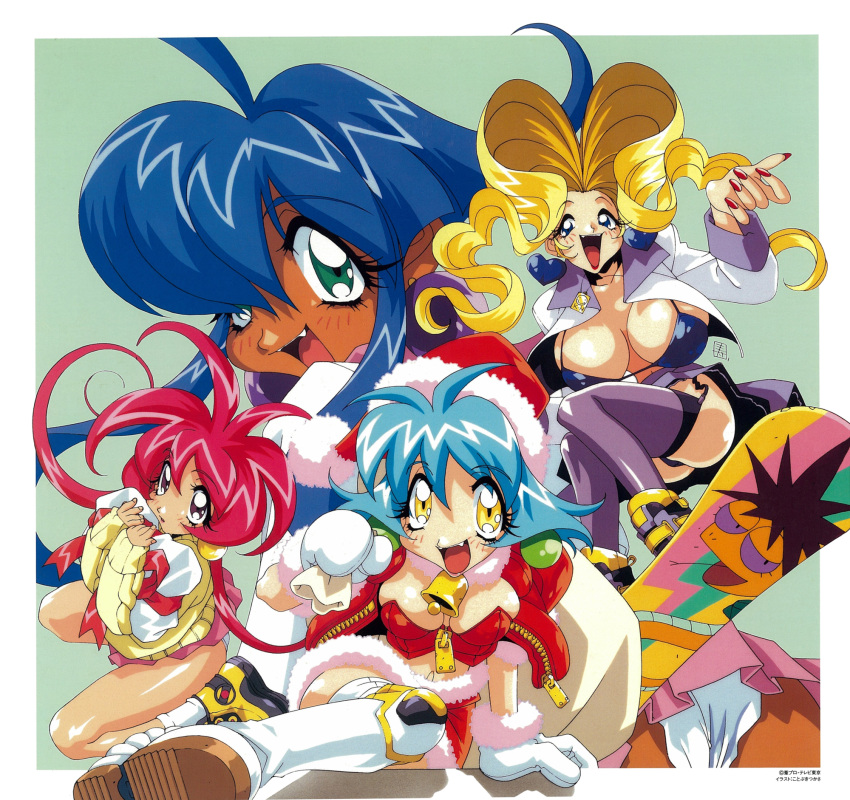 4girls aqua_eyes ass bangs blonde_hair blue_eyes blue_hair boots border breasts cacao_(lamune) carrying_over_shoulder character_print dark-skinned_female dark_skin earrings eyebrows_visible_through_hair fang flipped_hair garter_straps gift hat heart heart_earrings heavy_meta-ko highres holding holding_gift holding_sack huge_breasts jewelry kotobuki_tsukasa light_blue_hair long_sleeves miniskirt mittens multiple_girls nail_polish non-web_source official_art open_mouth outside_border panties pantyshot parfait_(lamune) pheromone_lip pink_hair pink_skirt pleated_skirt purple_eyes purple_lips red_nails sack santa_costume santa_hat scan school_uniform skirt surfboard thigh_boots thighhighs trumpet_(lamune) underwear vs_knight_lamune_&amp;_40_fire white_panties yellow_eyes zipper