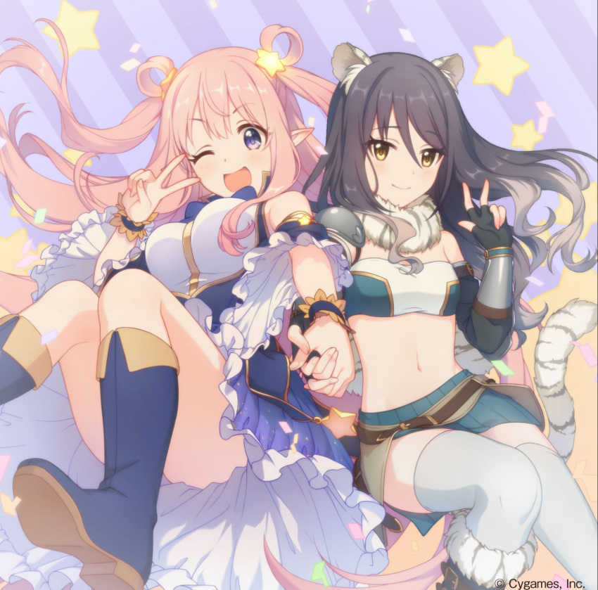 animal_ears artist_request black_hair boots cygames gold_trim highres holding_hands kashiwazaki_hatsune kashiwazaki_shiori long_hair multiple_girls official_art open_mouth pink_hair pointy_ears princess_connect! princess_connect!_re:dive purple_eyes smile star tail thighhighs v watermark yellow_eyes