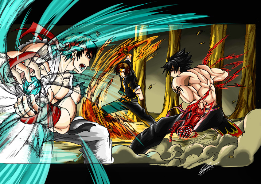 absurdres black_hair capcom crossover electricity fingerless_gloves fire gloves hadouken headband highres hwanarts kazama_jin kusanagi_kyou letterboxed male_focus multiple_boys multiple_crossover muscle namco ryuu_(street_fighter) shirtless sketch snk street_fighter tekken the_king_of_fighters