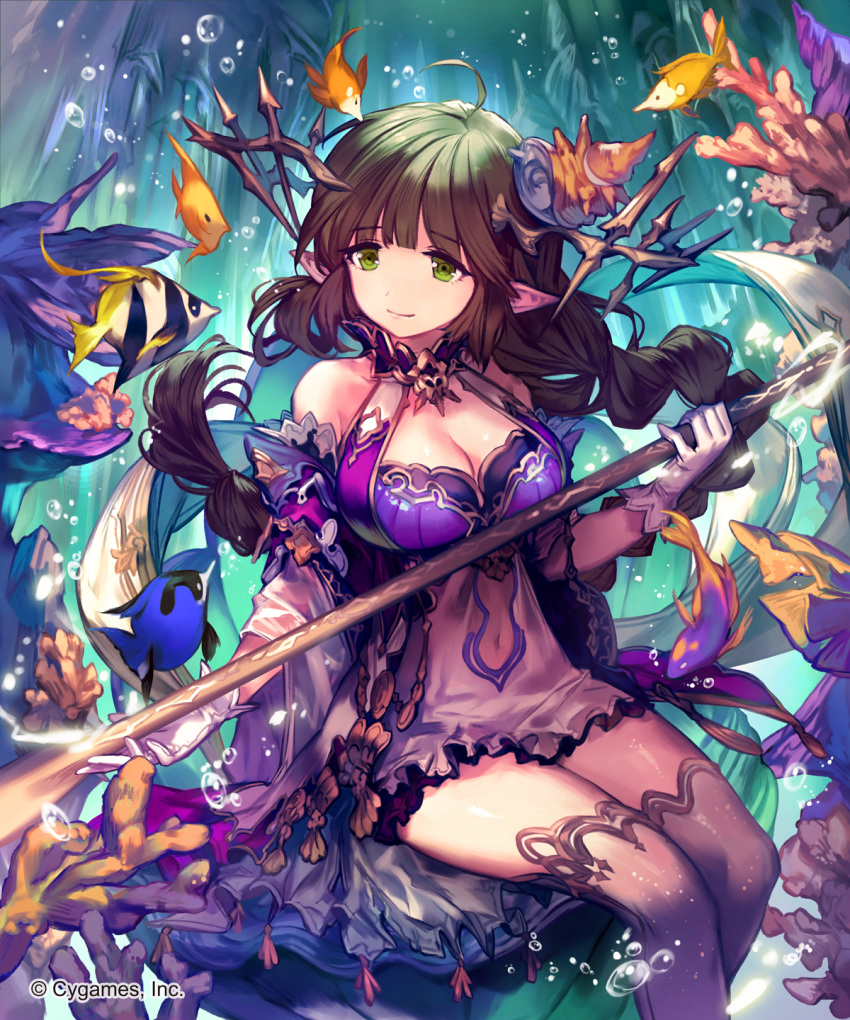 ahoge air_bubble braid breasts brown_hair brown_legwear bubble clam clam_shell cleavage coral gloves green_eyes hair_ornament highres holding holding_staff lee_hyeseung long_hair medium_breasts official_art pointy_ears seashell seashell_hair_ornament shell shingeki_no_bahamut sitting staff thighhighs tropical_fish twin_braids underwater watermark white_gloves
