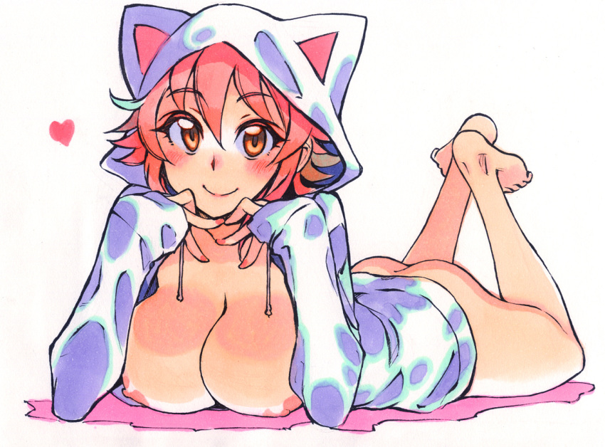 barefoot blush breasts brown_eyes cleavage heart hood hooded_jacket hoodie jacket kusanagi_tonbo large_breasts looking_at_viewer lying mitsuru-kun(kusanagi_tonbo) naked_coat naked_hoodie nipples on_stomach original pink_hair sleeves_past_wrists smile