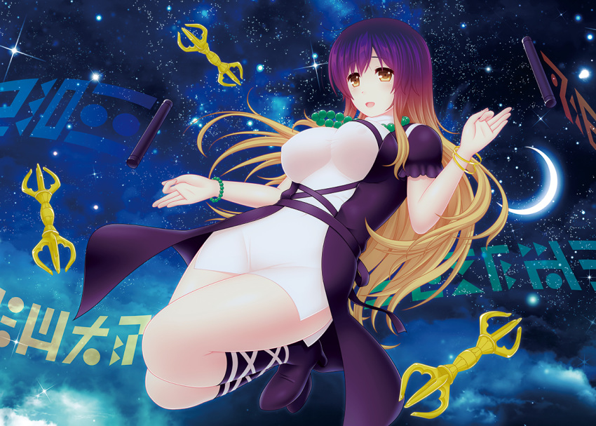 bead_bracelet bead_necklace beads blonde_hair boots bracelet breasts brown_eyes commentary_request cpu_(hexivision) full_body gradient_hair high_heel_boots high_heels hijiri_byakuren jewelry large_breasts long_hair multicolored_hair necklace open_mouth puffy_short_sleeves puffy_sleeves purple_hair short_sleeves sky solo sorcerer's_sutra_scroll star_(sky) starry_sky touhou vajra_(object) very_long_hair