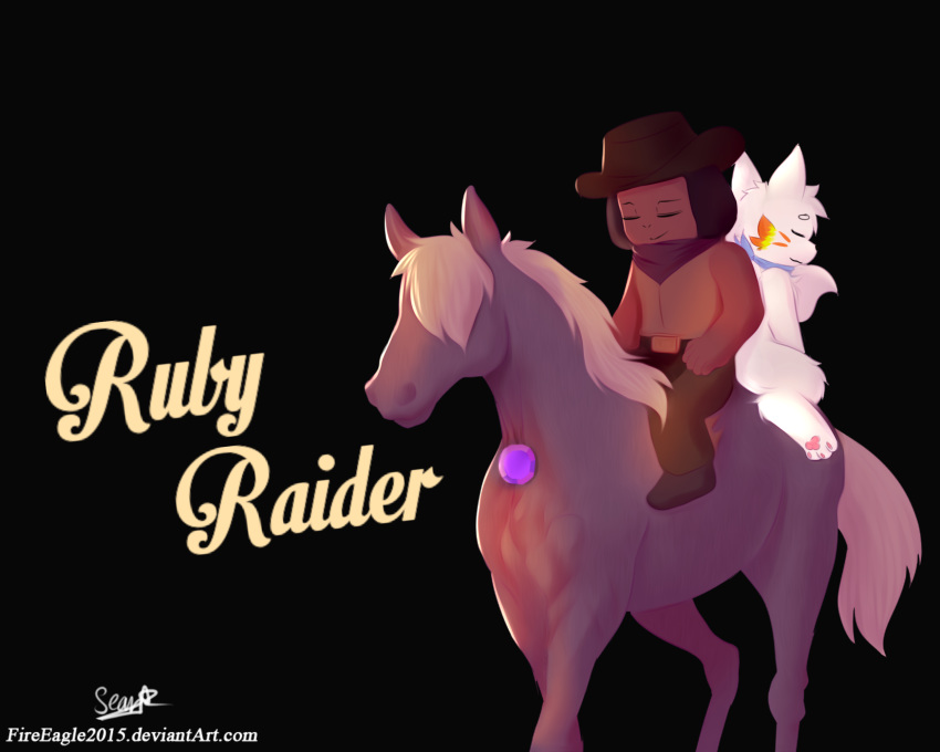 &lt;3 (steven 2018 amethyst_(disambiguation) canine cartoon_network clothing cowboy cute dog equine female gem hat horse lyricwulf male mammal paws riding ruby_(steven_universe) scarf senz sitting steven_universe suit universe) wolf