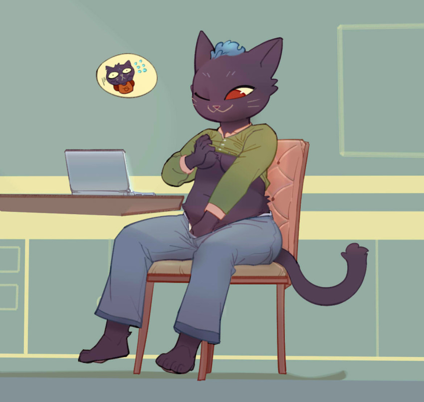 4_toes 5_fingers anthro barefoot black_fur blue_fur breasts candy_borowski_(nitw) cat chair chest_tuft clothed clothing computer daughter desk feline female female_focus fur head_tuft jeans junyois laptop leg_tuft mae_(nitw) mammal masturbation mature_female mother mother_and_daughter navel night_in_the_woods one_eye_closed pants parent partially_clothed red_nose simple_background sitting slightly_chubby surprise sweat sweatdrop sweater toes tuft vaginal vaginal_masturbation webcam whiskers wink