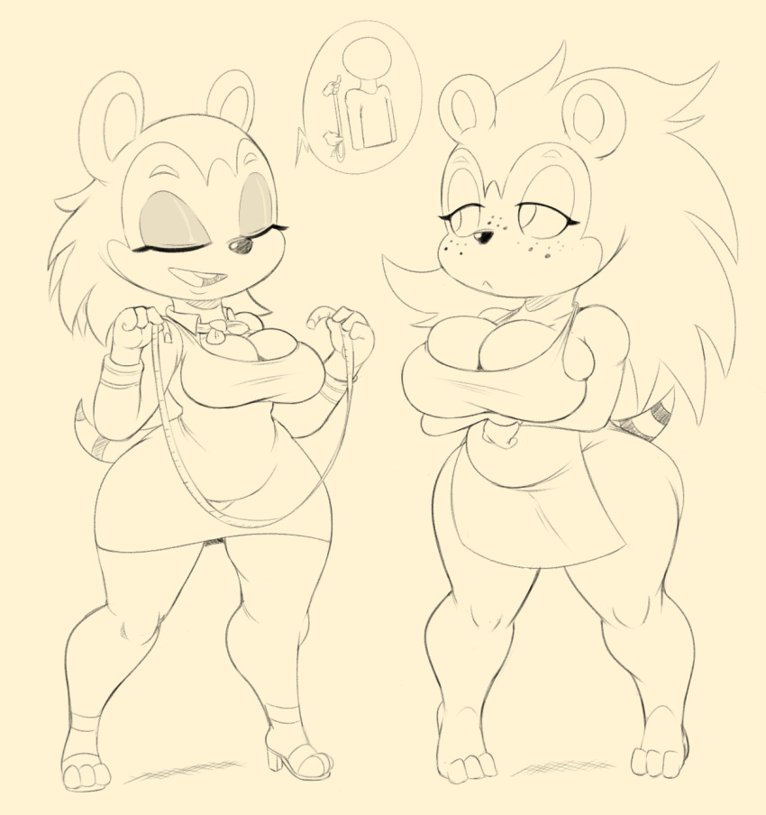 2018 animal_crossing anthro apron breasts cleavage clothed clothing duo eyes_closed female half-closed_eyes hedgehog hi_res labelle_able mammal monochrome nintendo purple_yoshi_draws sable_able sibling sisters tape_measure video_games
