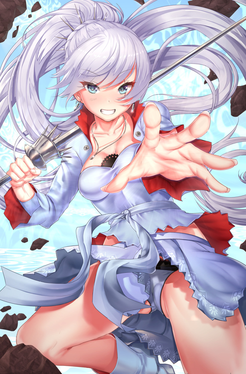 1girl artist_request ass blue_eyes boots breasts cameltoe cleavage clothed earrings eye_scar female female_only holding human long_hair necklace panties ponytail rapier rwby scar solo spread_legs sword upskirt weapon weiss_schnee white_hair