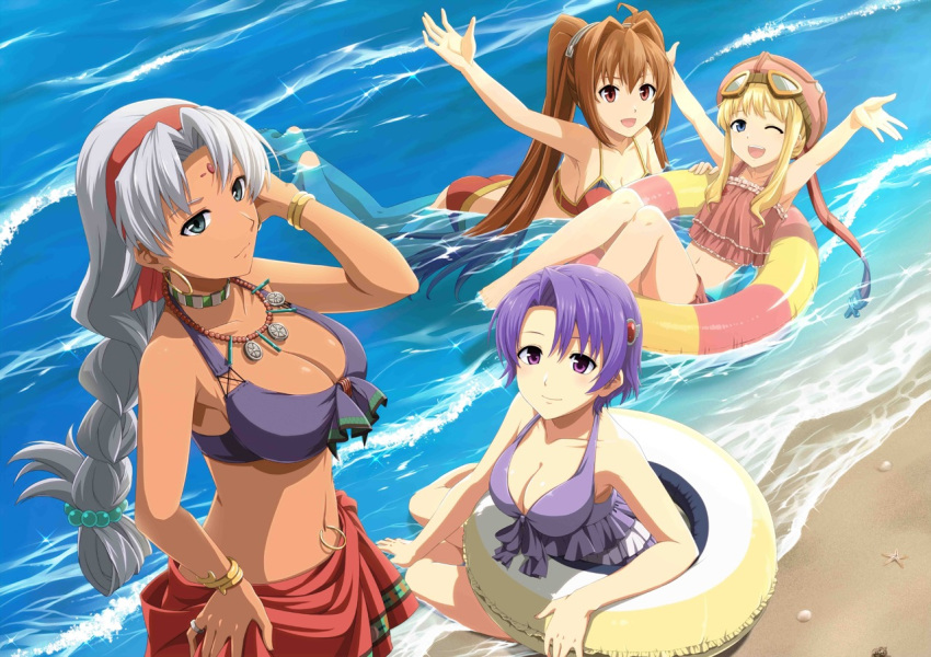 asymmetrical_bangs bangs bare_shoulders beach bikini blonde_hair blue_eyes bracelet braid braided_ponytail breasts brown_hair clam_shell cleavage dark_skin earrings eiyuu_densetsu estelle_bright facial_mark forehead_mark frilled_bikini frilled_swimsuit frills goggles goggles_on_headwear hair_ornament hairband hand_in_hair hand_on_hip hat hoop_earrings innertube jewelry klose_rinz large_breasts long_hair looking_at_viewer medium_breasts midriff multiple_girls navel navel_piercing necklace ocean official_art one_eye_closed outstretched_arms parted_bangs partially_submerged piercing pinky_ring purple_eyes purple_hair red_eyes sarong scherazard_harvey short_hair silver_hair single_braid small_breasts smile sora_no_kiseki standing starfish swimsuit tita_russell twintails