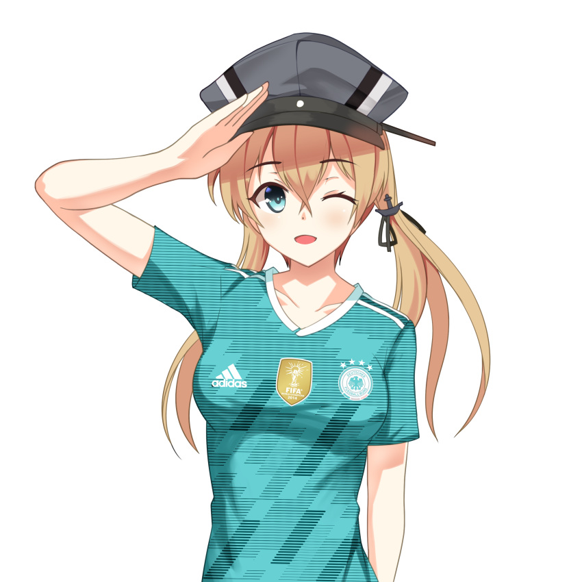 2018_fifa_world_cup absurdres adidas alternate_costume blonde_hair breasts clothes_writing collarbone eyebrows_visible_through_hair german germany green_eyes hat highres kantai_collection looking_at_viewer military_hat one_eye_closed peaked_cap prinz_eugen_(kantai_collection) salute soccer soccer_uniform solo sportswear translated transparent_background twintails uniform world_cup