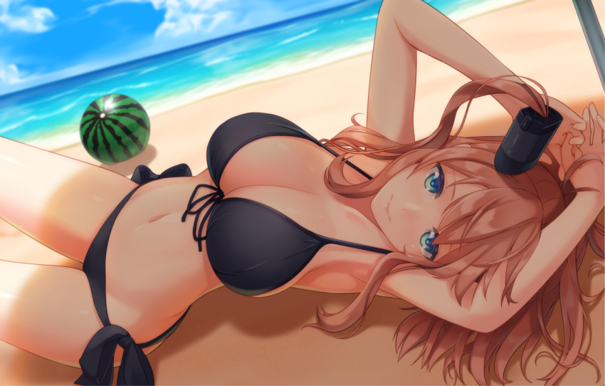 alternate_costume armpits arms_up beach bikini black_bikini blue_eyes blue_sky blush breasts brown_hair cleavage closed_mouth collarbone commentary_request day food front-tie_top fruit groin hair_between_eyes hazuki_akaoto kantai_collection knees_up large_breasts long_hair looking_at_viewer lying navel ocean on_back outdoors ponytail sand saratoga_(kantai_collection) shade side-tie_bikini side_ponytail sidelocks sky smile solo stomach swimsuit thighs umbrella watermelon waves
