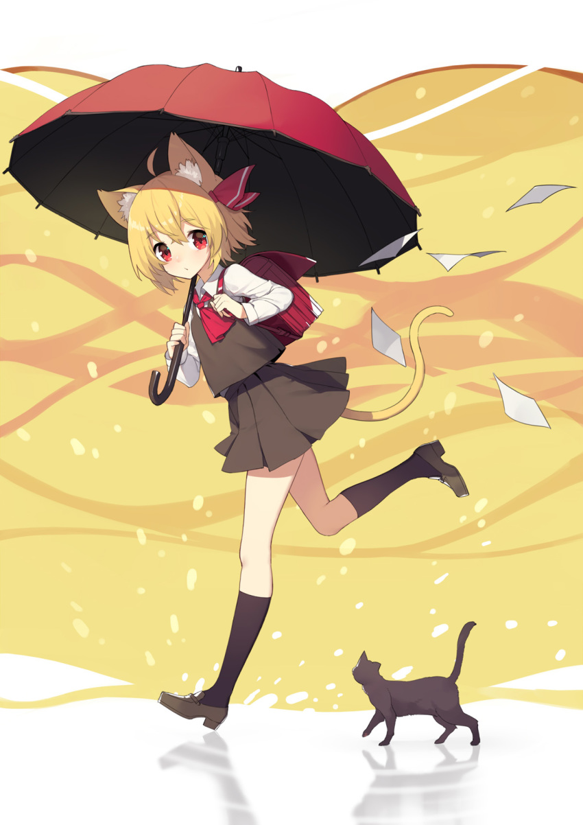 adapted_costume ahoge animal_ears ascot backpack bag black_cat black_legwear black_skirt black_vest blonde_hair brown_footwear cat cat_ears cat_tail commentary eyebrows_visible_through_hair from_side full_body hair_between_eyes hair_ribbon highres holding holding_umbrella kemonomimi_mode kneehighs loafers long_sleeves looking_at_viewer miniskirt paper pleated_skirt red_eyes red_neckwear red_ribbon red_umbrella reflection ribbon ripples rumia running sh_(562835932) shirt shoes short_hair skirt solo tail thighs touhou two-tone_background umbrella vest white_background white_shirt wing_collar yellow_background