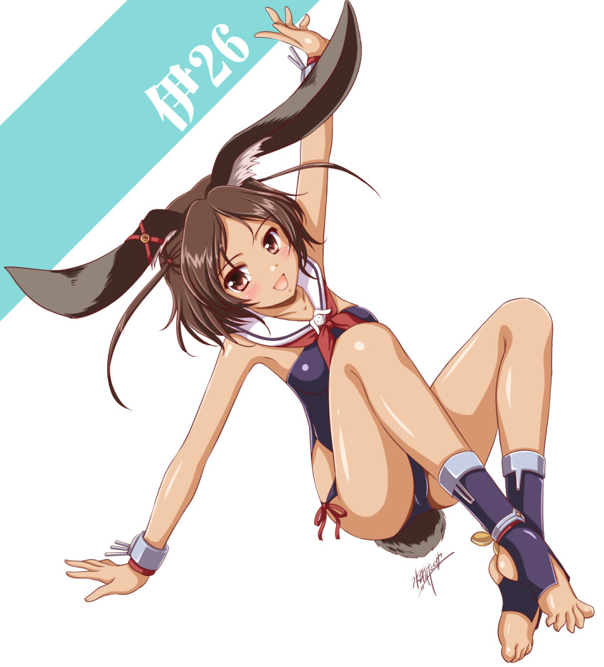 animal_ears armpits arms_up ass azur_lane bracer brown_eyes brown_hair bunny_ears bunny_tail commentary_request dark_skin detached_collar feet highres i-26_(azur_lane) legs mizushiro_takuya one-piece_swimsuit open_mouth outstretched_arms sailor_collar school_swimsuit short_hair smile solo stirrup_legwear strapless strapless_swimsuit swimsuit tail toeless_legwear toes