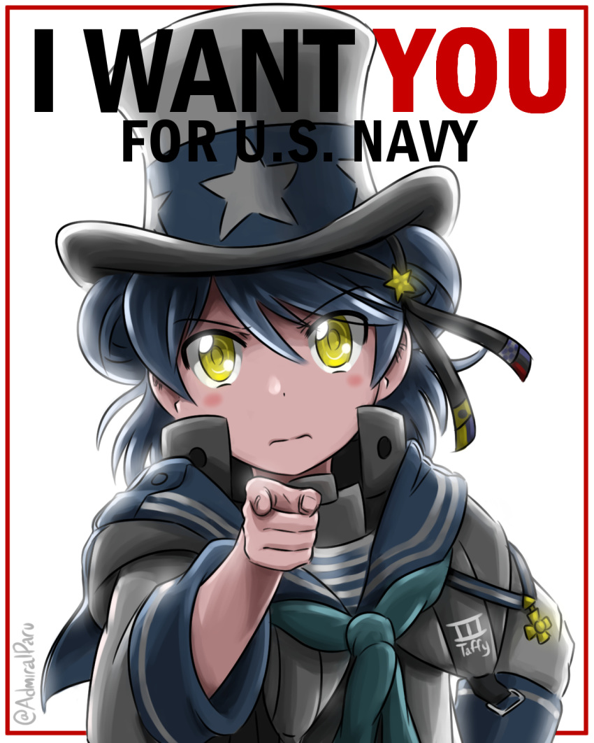 admiral_paru aqua_neckwear black_ribbon blue_hair blue_sailor_collar commentary cosplay double_bun english_commentary hand_on_hip hat hat_ribbon highres i_want_you kantai_collection long_sleeves looking_at_viewer namesake neckerchief parody pointing ribbon sailor_collar samuel_b._roberts_(kantai_collection) school_uniform serafuku shirt short_hair simple_background sleeve_cuffs solo top_hat twitter_username uncle_sam uncle_sam_(cosplay) white_background white_shirt yellow_eyes