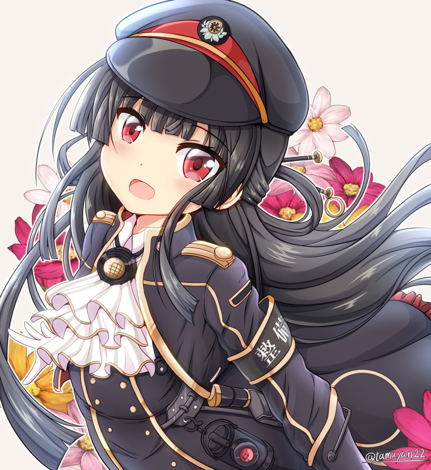 armband ascot black_hair blush commentary_request flower hachiroku_(maitetsu) hair_ornament hair_stick hat highres long_hair looking_at_viewer maitetsu open_mouth peaked_cap red_eyes smile solo tamayan upper_body