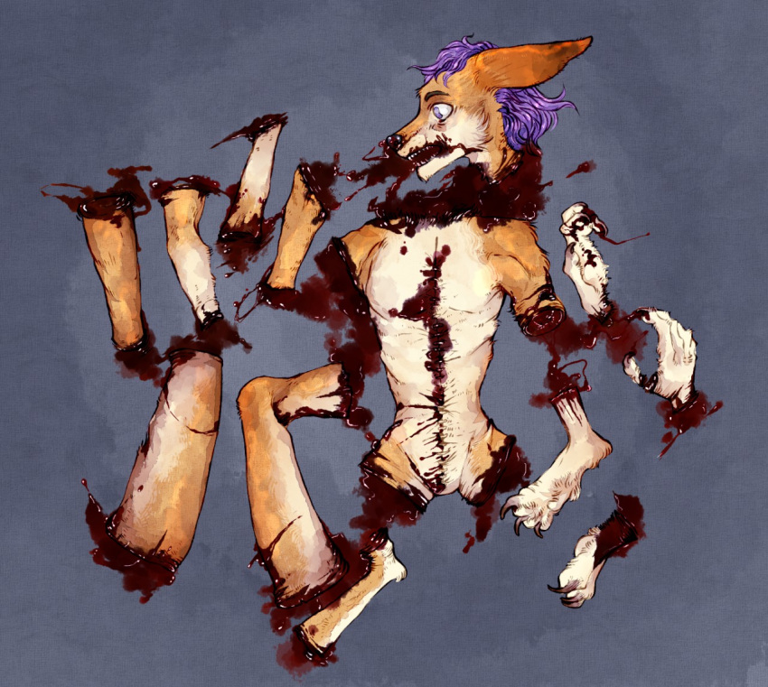 3_toes amputated_arms amputated_legs amputation amputee anthro blood canine castration death decapitation dismemberment fennec fox genital_mutilation gore hair knedit kolkolukija male mammal nosebleed nullified purple_eyes purple_hair simple_background snuff toes