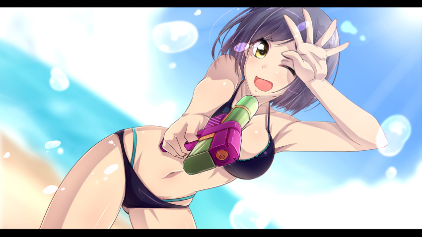 ;d aiming_at_viewer arm_up ass_visible_through_thighs bangs bare_arms bare_shoulders beach bikini black_bikini blue_sky blurry blurry_background breasts cleavage cloud cloudy_sky commentary_request day depth_of_field eyebrows_visible_through_hair holding horizon iga_tamaki large_breasts looking_at_viewer navel nijisanji ocean one_eye_closed open_mouth outdoors purple_hair sand shizuka_rin short_hair sky smile solo swimsuit virtual_youtuber water water_gun yellow_eyes