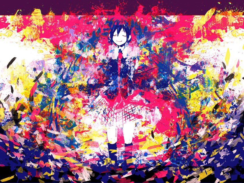abstract abstract_background blue_hair closed_eyes collared_shirt colorful floating_hair hair_between_eyes hatsune_miku long_hair meola multicolored multicolored_background navy_blue_legwear navy_blue_shirt necktie paint_splatter shirt skirt smile solo thighhighs twintails very_long_hair vocaloid white_skirt zettai_ryouiki