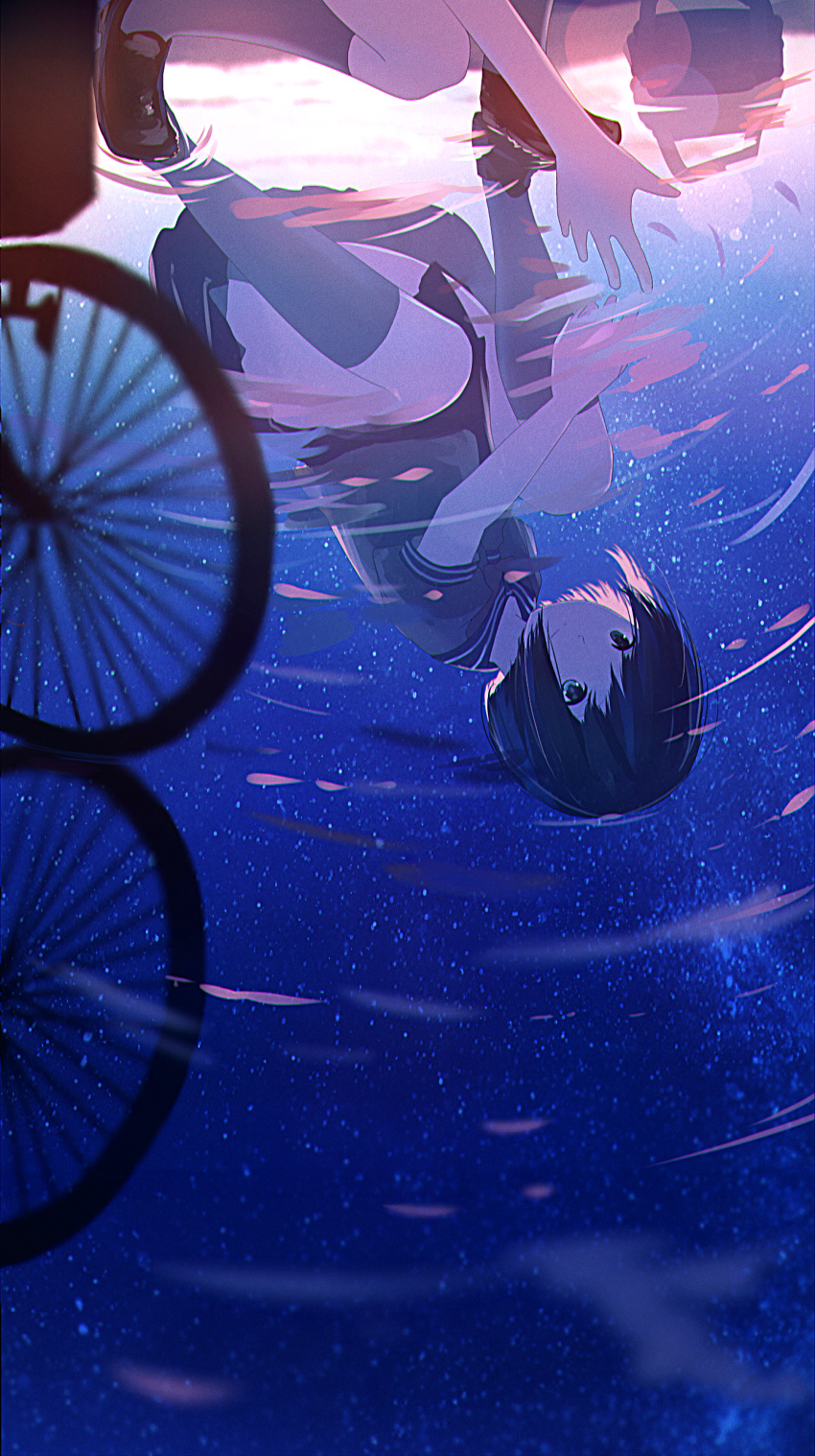 absurdres bicycle black_eyes black_hair commentary_request ground_vehicle highres kneehighs mifuru night night_sky original outstretched_hand reflecting_pool reflection sailor_collar school_uniform short_hair skirt sky smile star_(sky) starry_sky water water_surface
