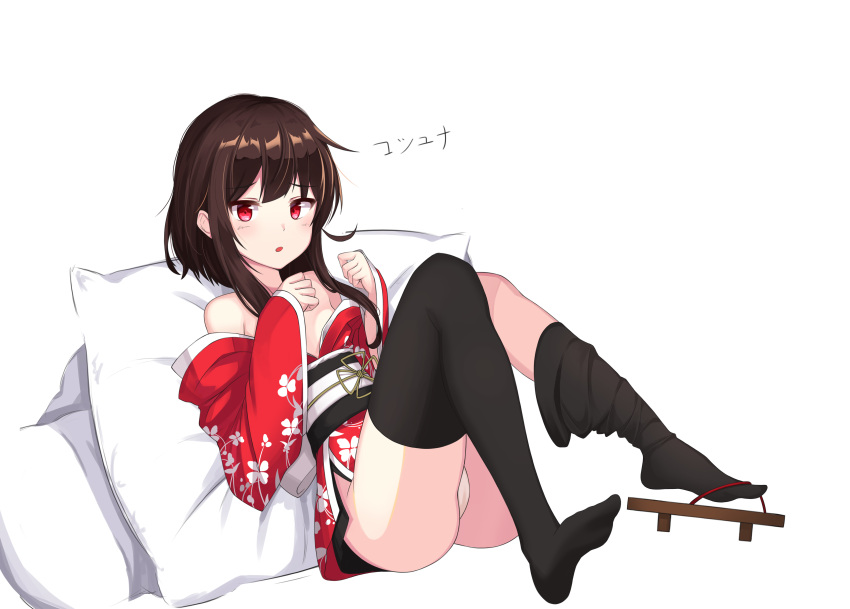 :o absurdres ass avant_garde_(artist) bangs bare_shoulders black_legwear brown_hair cameltoe clog_sandals commentary eyebrows_visible_through_hair floral_print highres japanese_clothes kimono kono_subarashii_sekai_ni_shukufuku_wo! light_blush looking_at_viewer megumin off_shoulder open_mouth panties pantyshot pantyshot_(sitting) pillow red_eyes short_hair_with_long_locks sitting solo thighhighs underwear white_panties white_pillow