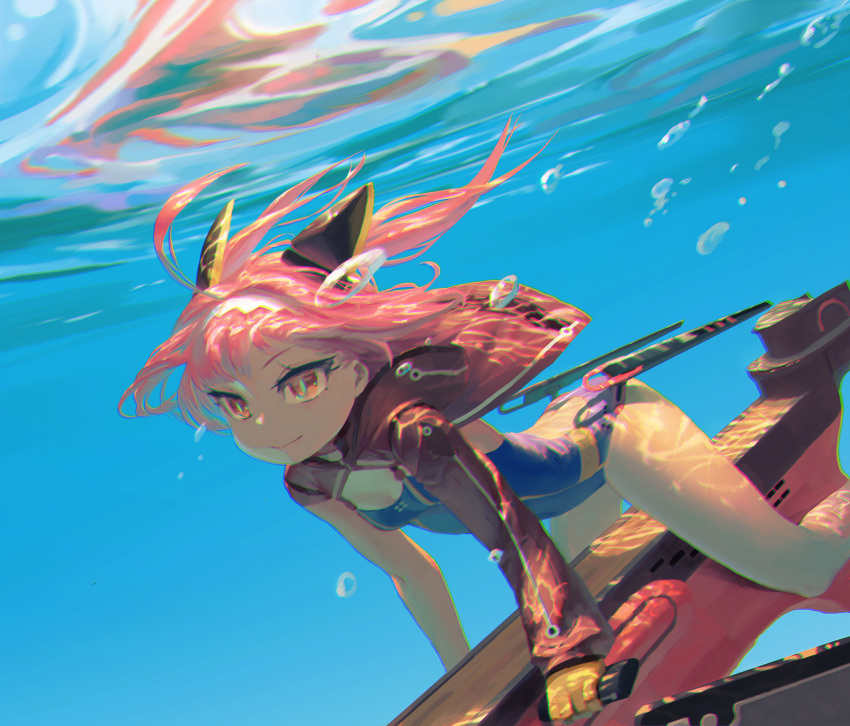 ahoge arched_back azur_lane blue_swimsuit bright_pupils bubble butt_crack commentary competition_swimsuit gloves hair_ornament highres hood hoodie jacket one-piece_swimsuit pink_hair rias-coast riding single_sleeve smile solo swimsuit two_side_up u-81_(azur_lane) underwater yellow_eyes yellow_gloves