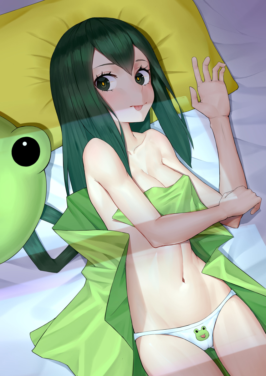 :p absurdres animal_print asui_tsuyu bed_sheet black_eyes boku_no_hero_academia breasts cameltoe covered_nipples dark_green_hair frog_print green_hair hair_rings highres long_hair looking_at_viewer lying medium_breasts navel on_back panties pillow ringed_eyes solo stuffed_animal stuffed_frog stuffed_toy tongue tongue_out topless underwear underwear_only white_panties xian_yu_zhanshi