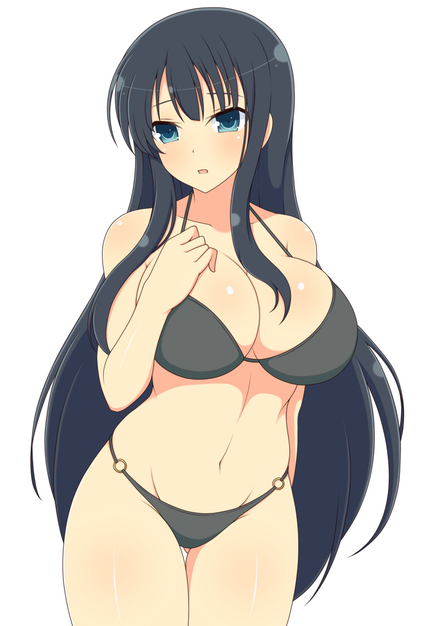 1girl :o arm_at_side bangs bare_arms barefoot bikini black_bikini black_hair blue_eyes blush boots breasts cleavage collarbone commentary_request cowboy_shot gluteal_fold hand_on_own_chest highres ichiryuu_tsumiki ikaruga_(senran_kagura) large_breasts long_hair looking_at_viewer navel o-ring o-ring_bottom open_mouth senran_kagura sidelocks simple_background solo stomach swimsuit thigh_boots thighhighs very_long_hair white_background