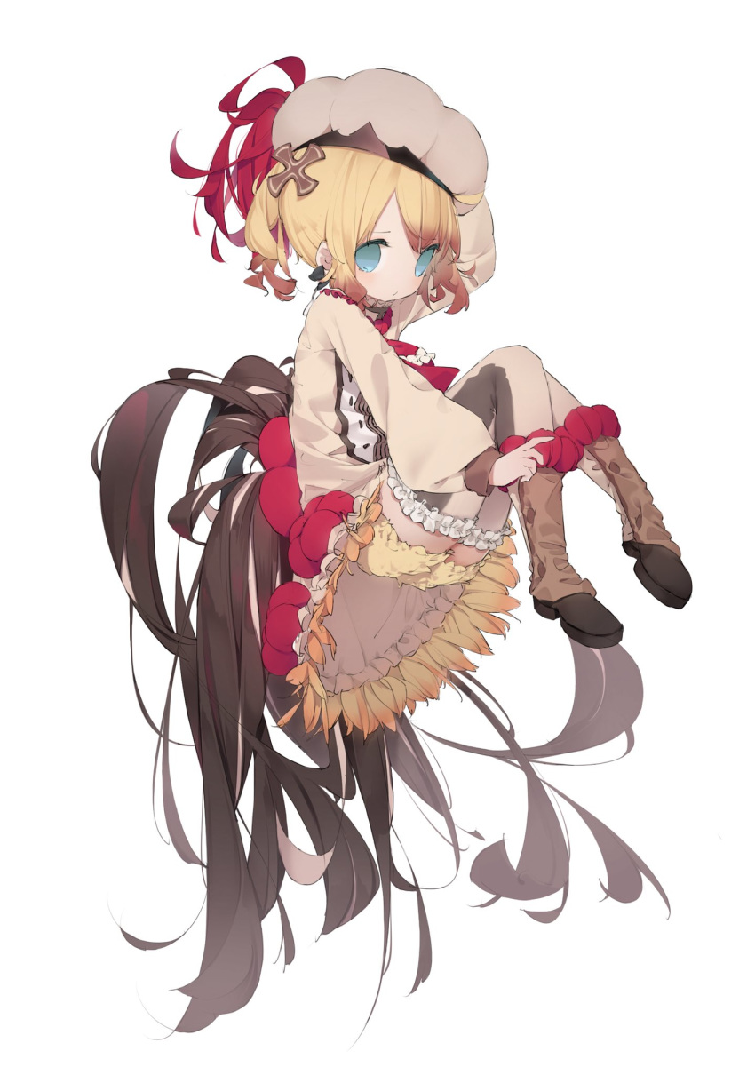 bangs black_bow black_footwear blonde_hair bloomers blue_eyes blush bow brown_dress brown_hair brown_legwear commentary_request dress eyebrows_visible_through_hair frilled_legwear gradient_hair hair_bow hair_ornament hat highres long_sleeves mabuta_(byc0yqf4mabye5z) mahou_shoujo_ikusei_keikaku mahou_shoujo_ikusei_keikaku_restart multicolored_hair pechika_(mahoiku) ponytail puffy_long_sleeves puffy_sleeves ringlets rooster_tail shoes short_hair simple_background solo thighhighs underwear white_hat yellow_bloomers