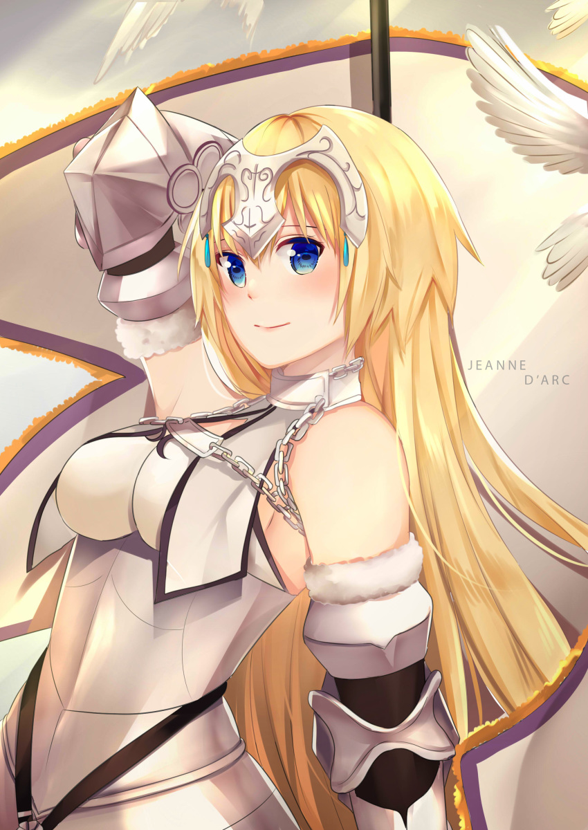 absurdres armor armored_dress blonde_hair blue_eyes commentary fate/grand_order fate_(series) frchan24 fur_trim gauntlets hair_ornament headpiece highres jeanne_d'arc_(fate) jeanne_d'arc_(fate)_(all) long_hair looking_at_viewer purple_eyes solo very_long_hair